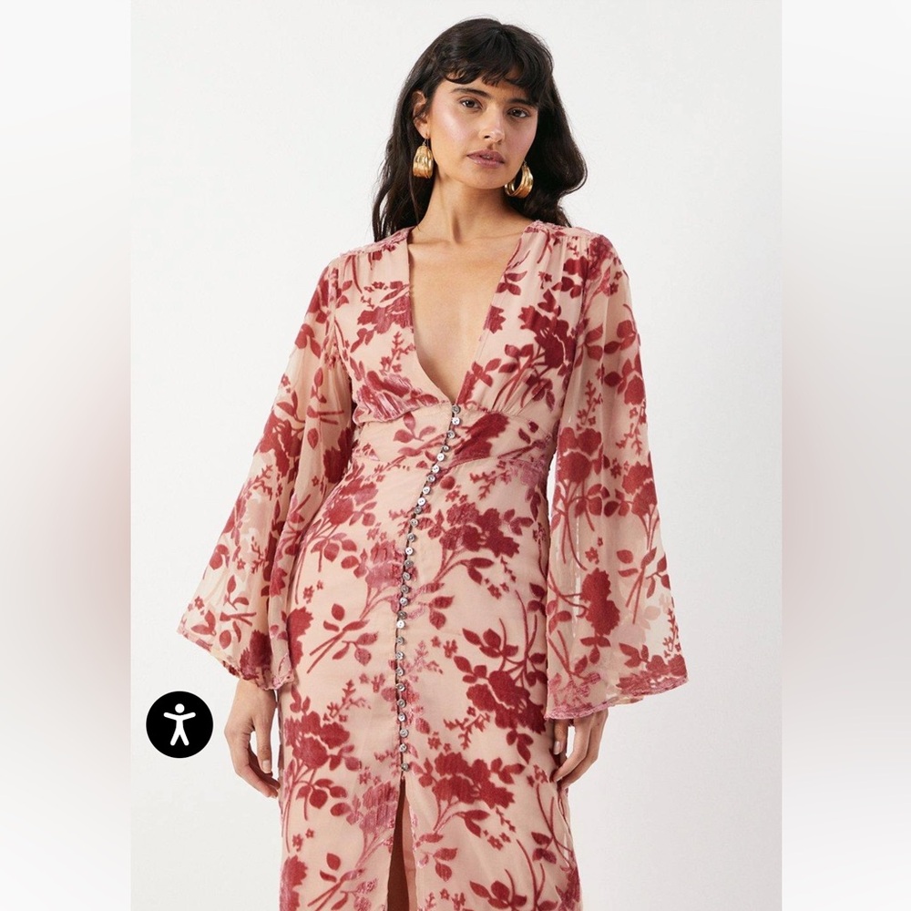 NastyGal Velvet Plunge Neck Flared Sleeve Button Through Midi Dress